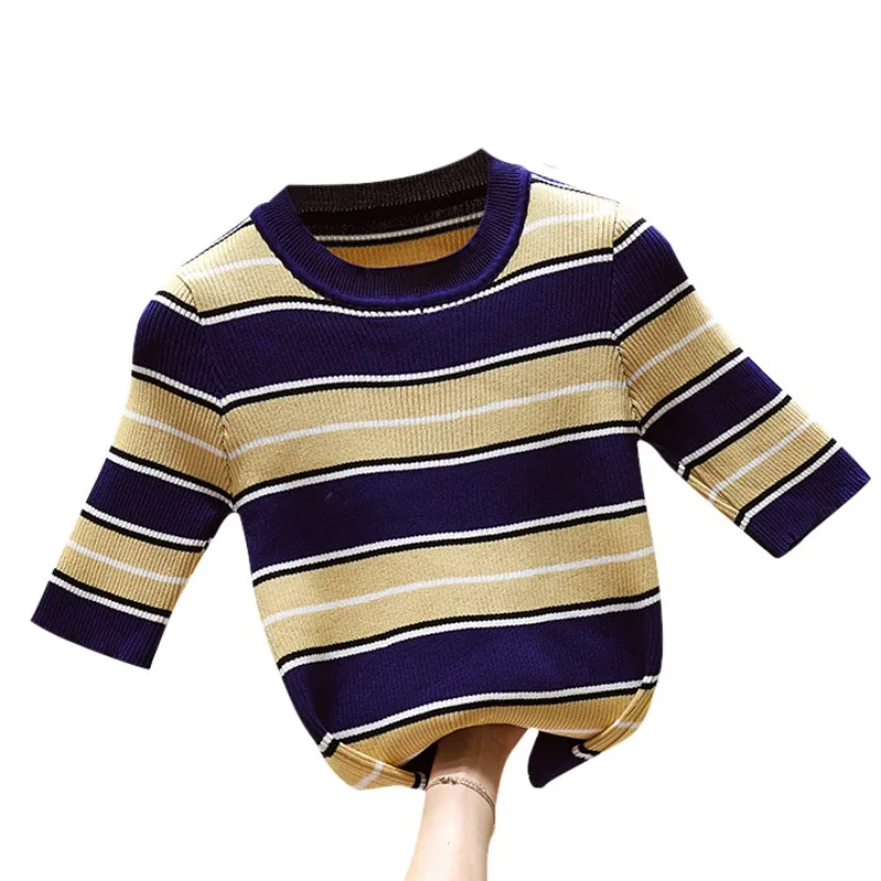 

Women Spring Summer Striped Sweater Top Ladies Slim Short Sleeve Round Neck Slim Bottom Knit Tops Half Sleeve