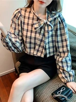 asymmetry plaid women shirt cotton soft bow tie loose female tops blusas mujer de moda 2022 long sleeves plaid shirt blouse