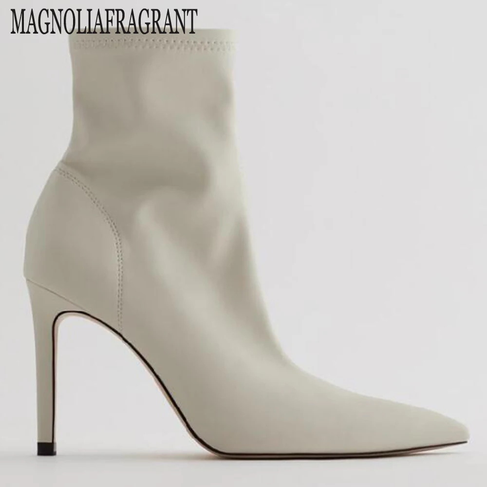 Женские эластичные ботинки на высоком каблуке бежевые ботильоны шпильке обувь