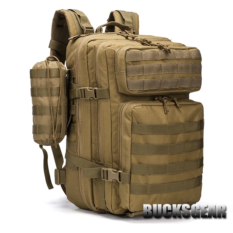 Fiyat BUCKSGEAR 45l Büyük Depolama 3p Taktik Sırt çantası Molle Sistemi Açık Kamp Askeri Assautl Sırt çantası Ile Su şişesi çantası