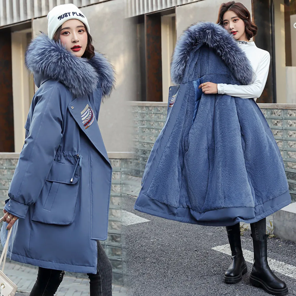 GRELLER Thick Warm Winter Coat Women Pocket Winter Jacket Fur Liner Hooded Female Long Parkas Snow Wear Cotton Padded Clothes
