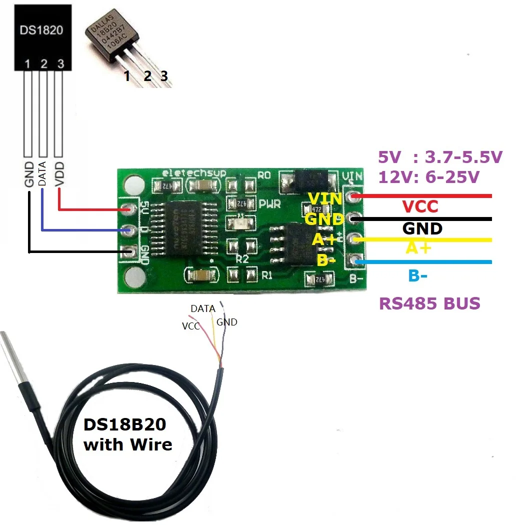 Датчик сбора температуры DS18B20 RS485 RS232 TTL Com UART Modbus RTU для Arduiuo PC PLC MCU