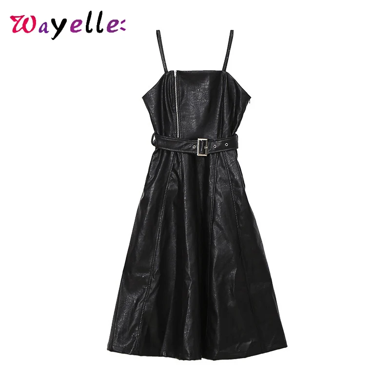 2019 осеннее женское платье из искусственной кожи черное свободное без бретелек на