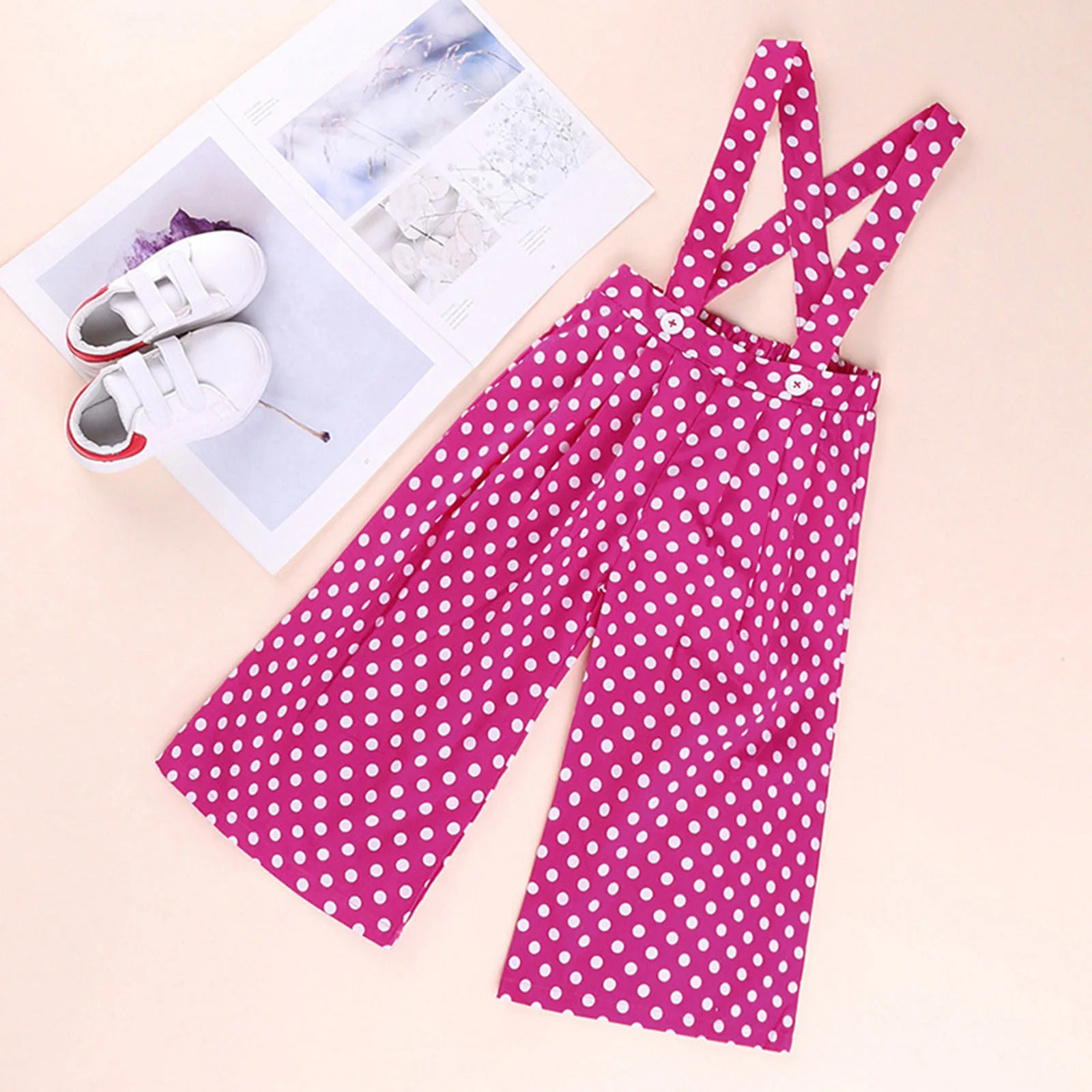 

Baby Kids Girls 2Pcs Clothes Set Outfits Solid Long Sleeve Shirt with Bow Tie and Polka Dot Suspender Trousers for Autumn Spring