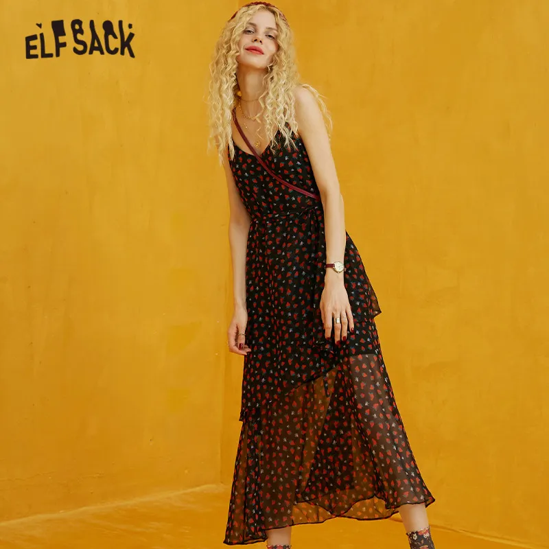 ELFSACK Three Color Floral A Line BoHo Women Dress Autumn Sleeveless Slip Loose Female Sexy Dress