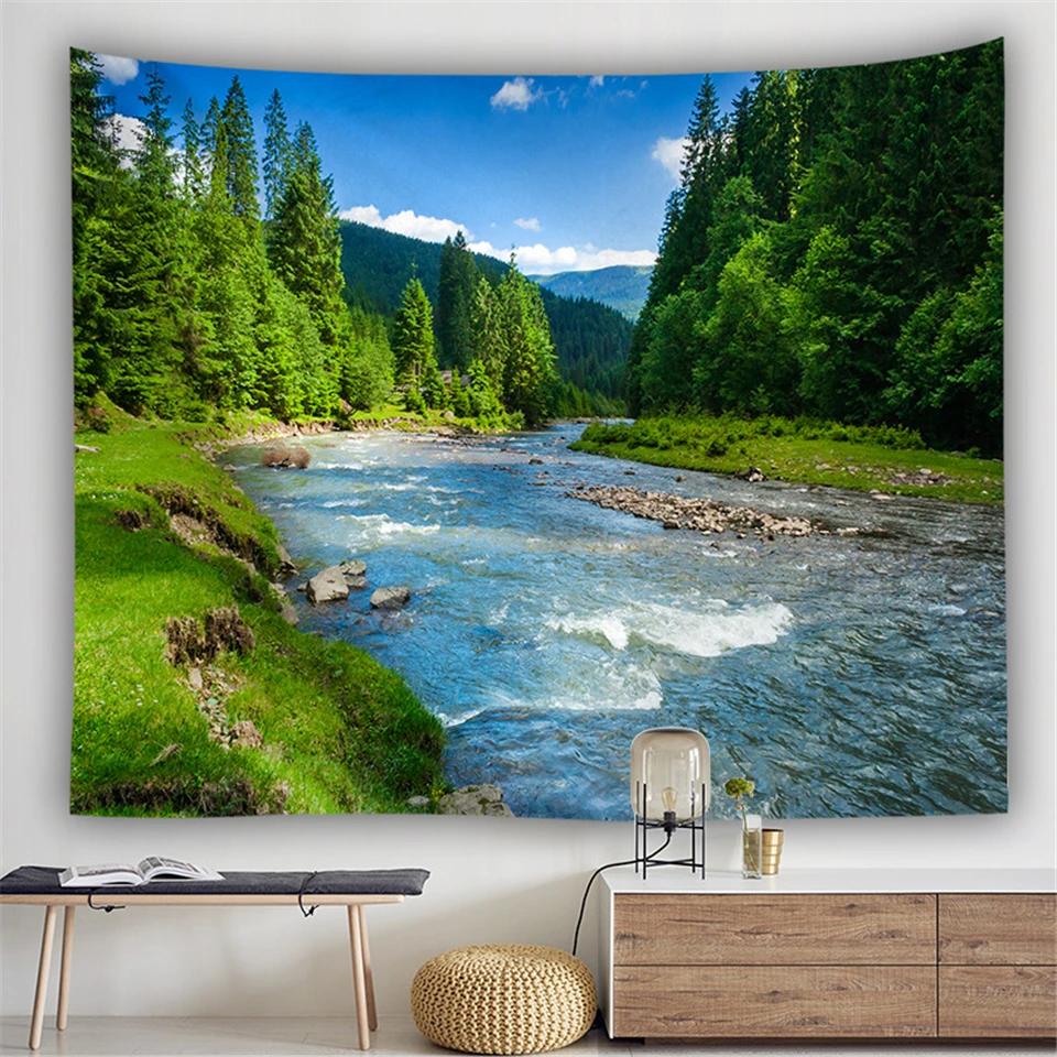 Настенный гобелен с природными пейзажами лес горы река хиппи декор в стиле бохо
