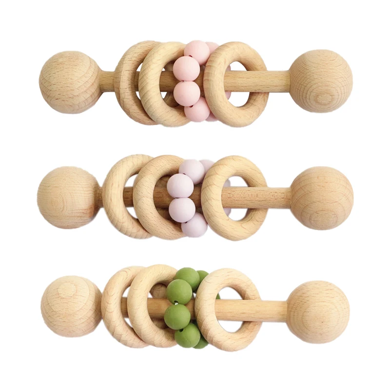 

1PC Baby Teether Toys Beech Wooden Rattle Wood Teething Rodent Ring Silicone Beads Musical Chew Play Gym
