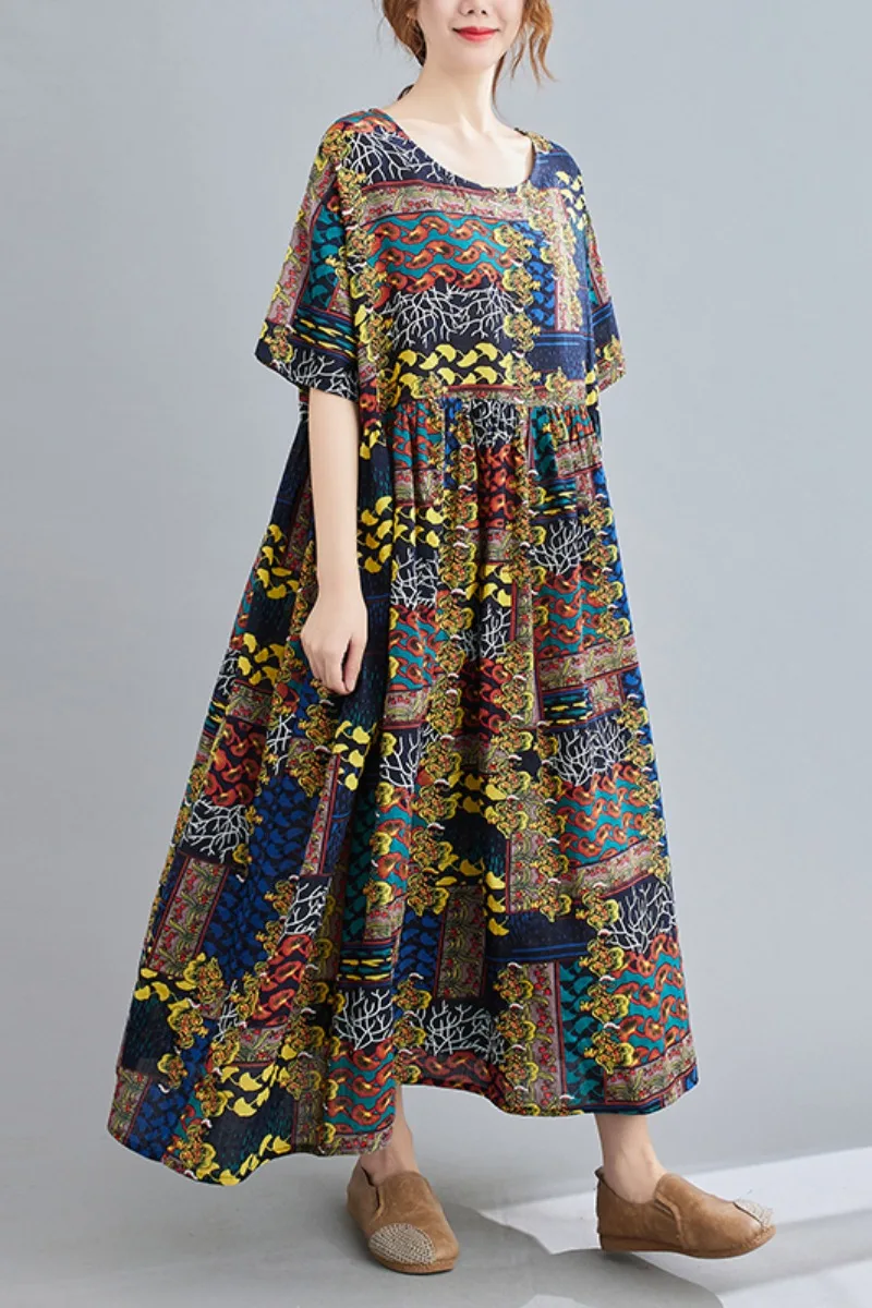 

Suitable Western Style Summer Plus Size Women's Clothes Long Loose Retro Slimming Printed Fashion Vintage Short Sleeve Dress