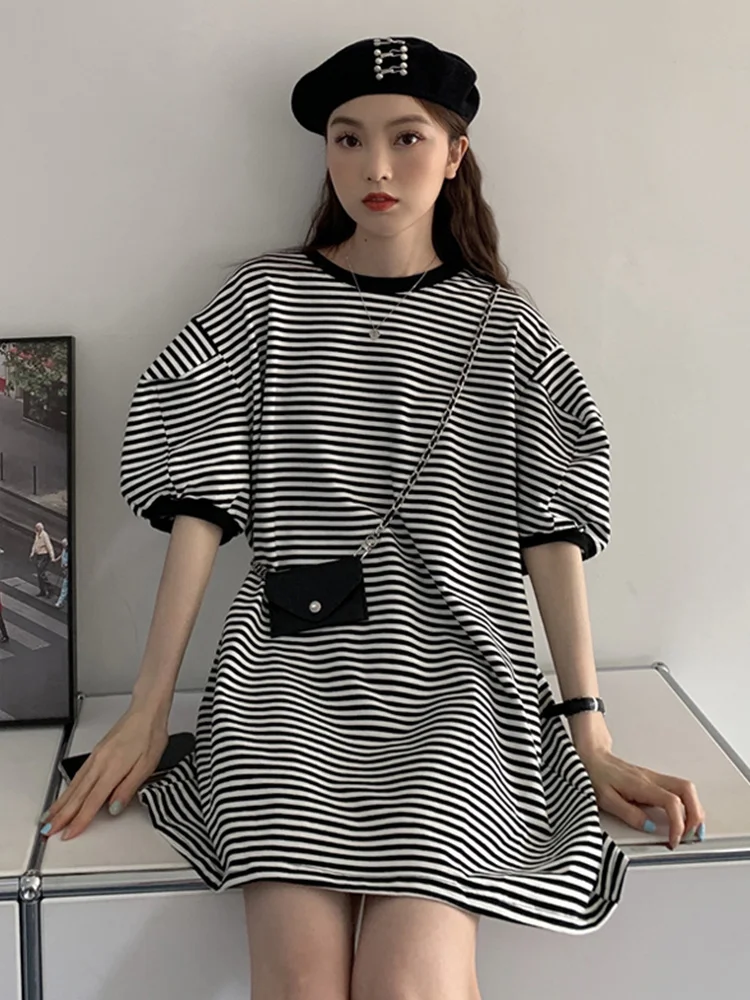 

Женская одежда, женское пикантное платье в полоску, лето 2021, новый дизайн, свободная юбка с коротким рукавом-пузырьком, светильник Кая юбка д...