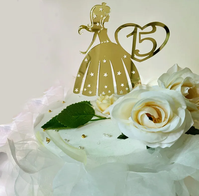 

New Happy 15th Birthday Acrylic Cake Topper Golden Princess Baking Cake Topper for Girls Birthday Party Cake Decoration Supplies