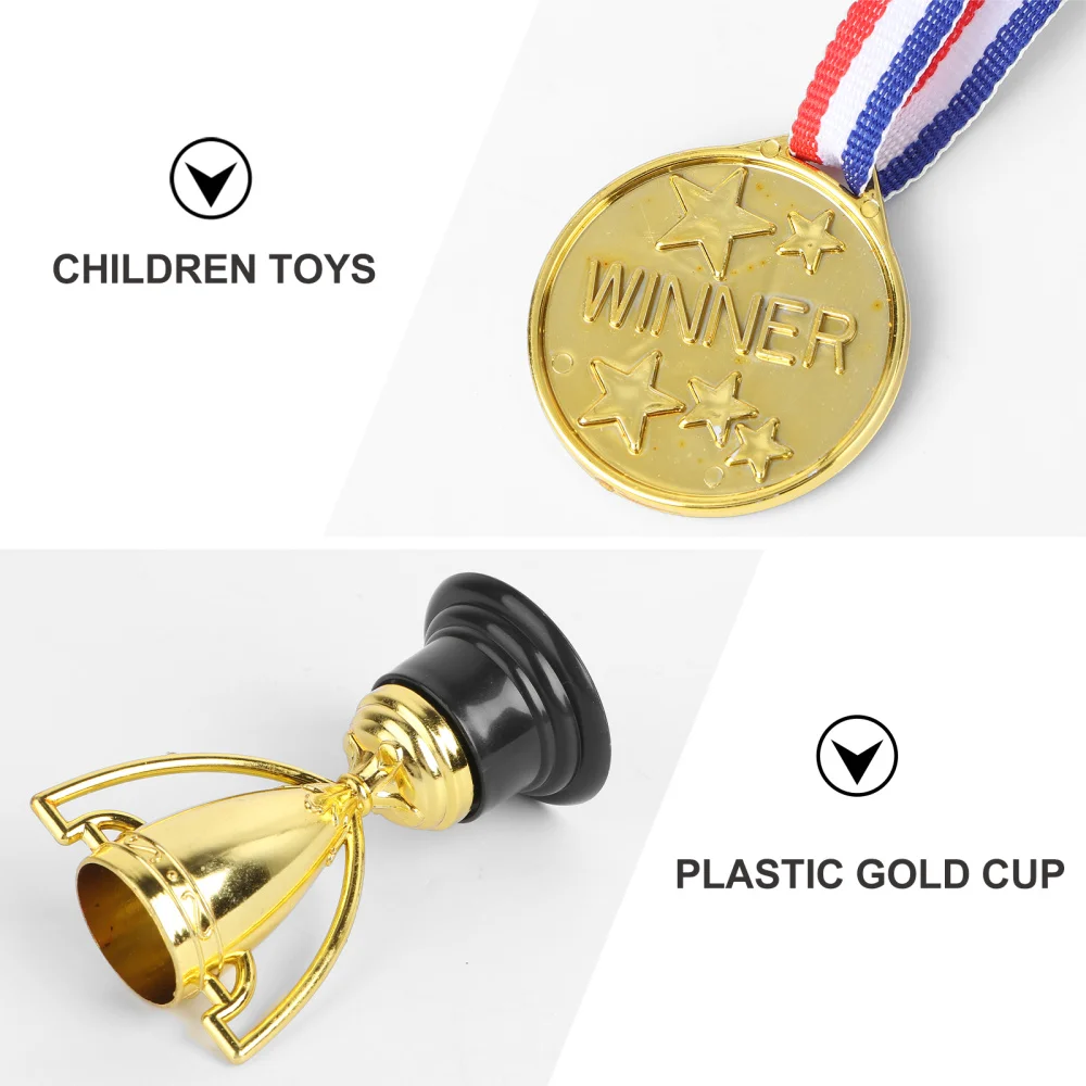 

12pcs Mini Gold Cups Trophy and Award Medals Prizes Small Medals Gift Awards Trophy Toys for Students Sport(6pcs Trophie