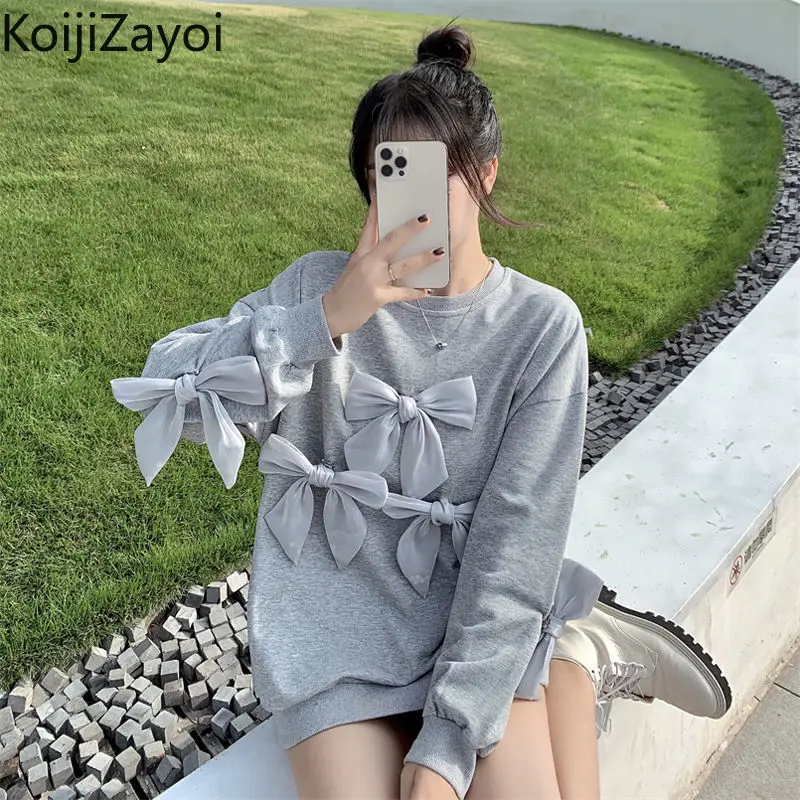 

Женские модные однотонные толстовки Koijizayoi с круглым вырезом, повседневные свободные толстовки с длинным рукавом и бантом, топы в стиле Хара...