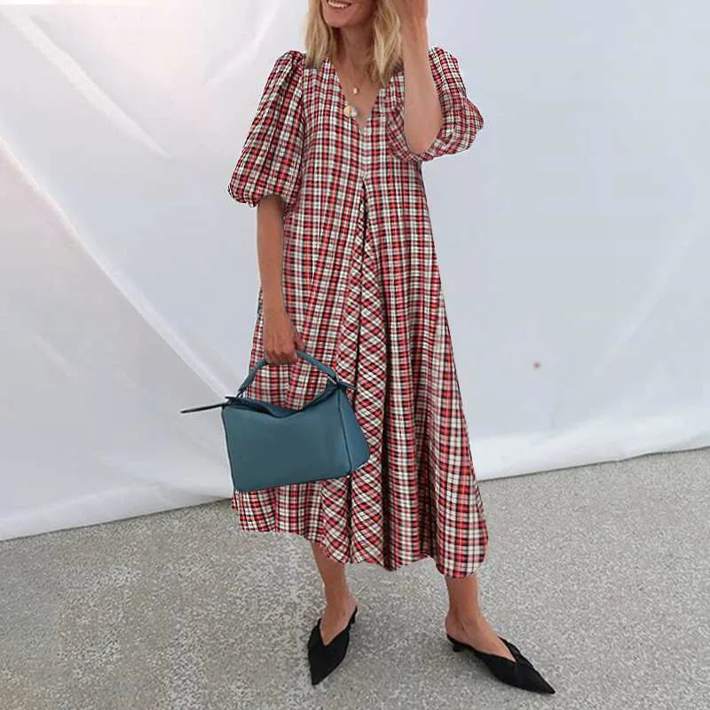 

Женское длинное платье с коротким рукавом, красное или синее клетчатое платье из хлопка и льна с широкой юбкой, элегантное свободное платье ...