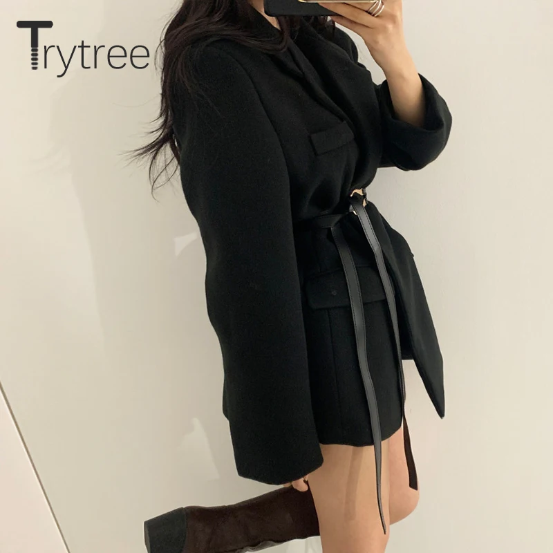 

Trytree 2020 Women's Winter Jacket Office Lady Suit Coat Soild Notched Lapel Belt Pockets Blazer Casual Coat Women's Jacket Tops