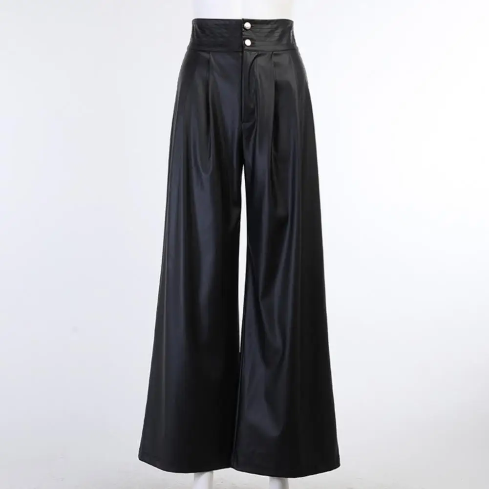 

Fashion Women Trousers Faux Leather Solid Color High Waist Wide Leg Pants Long Trousers Female Loose Black Pants Clothing
