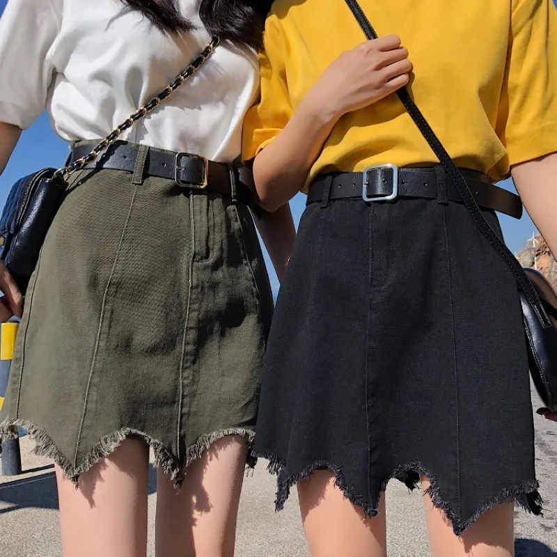 

Summer Black Fashion Women Distressed Skirts Pocket Pencil Skirts Female Plus Size Young Girls Irregular Raw Hem Denim Skirt