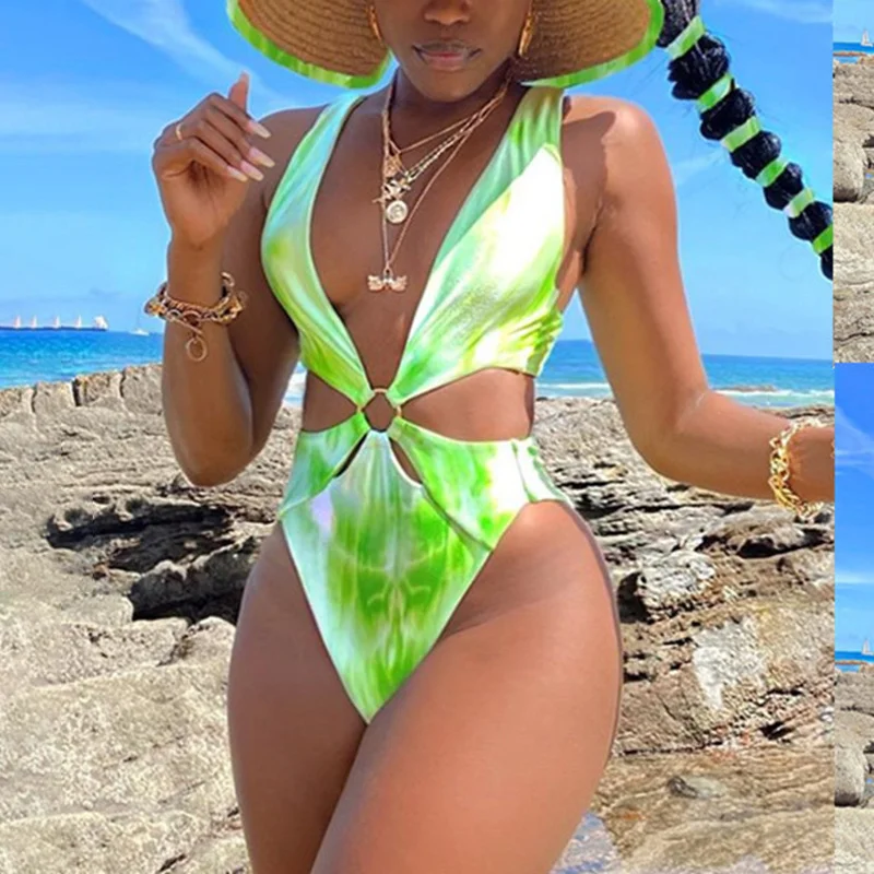

Tie Dye One Piece Swimsuit 2021 New Monokini Backless Swim Suit Bathing Suit Beach V Neck Swimwear Women Bodysuit