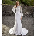 Женское свадебное платье с юбкой-годе It's yiiya, белое атласное платье с длинными расклешенными рукавами, открытой спиной и кружевной аппликацией на лето