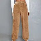 Женские пушистые спортивные брюки 2021, свободные пушистые брюки с эластичным поясом, двухсторонние бархатные однотонные Плюшевые Спортивные брюки с Кулиской Stree