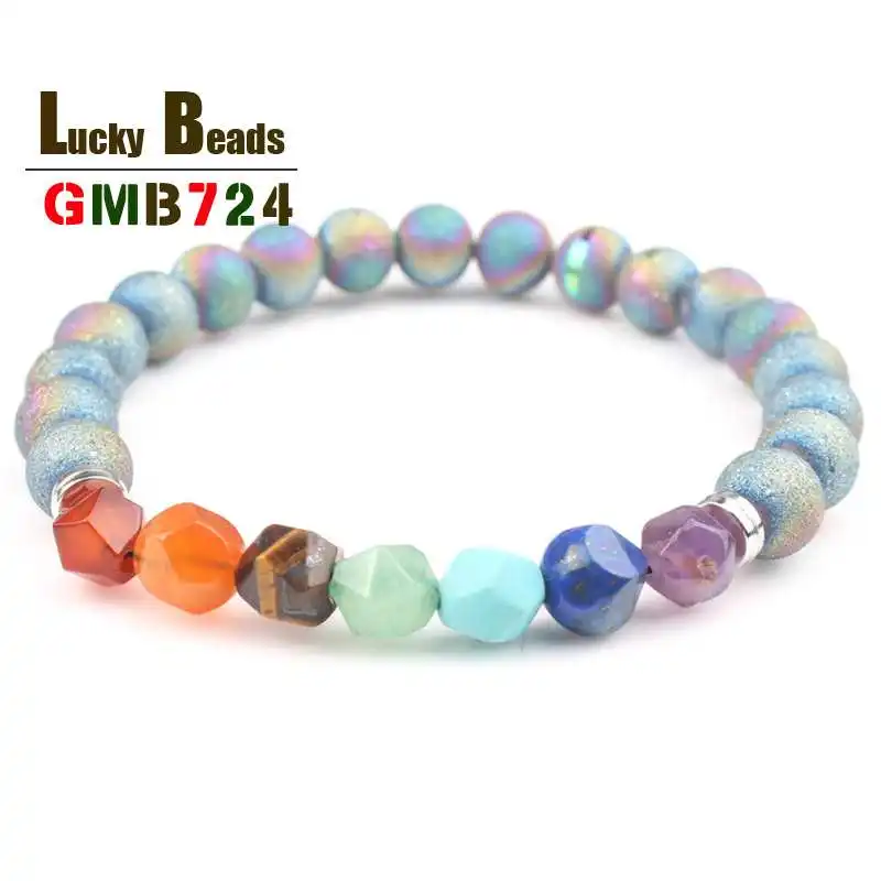 

Natural Beads Chakra Bracelets Colorful Faceted Blue Sand Stone Elastic Charm Bracelet Buddha Jewelry Fashion For Men Women