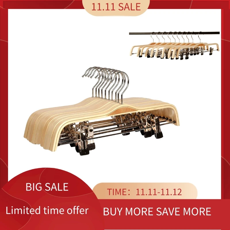 

10 Pack Solid Finish Wooden Trousers/Skirt Hangers with Anti-Rust Clips Coat Clothes Hangers