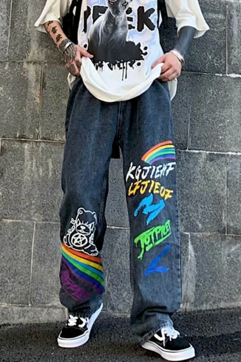 

Fall New Jeans Women Denim Pants Men Loose Straight Trend Ins High Street Hip-hop Graffiti Rainbow Letter Printed Trousers Punk