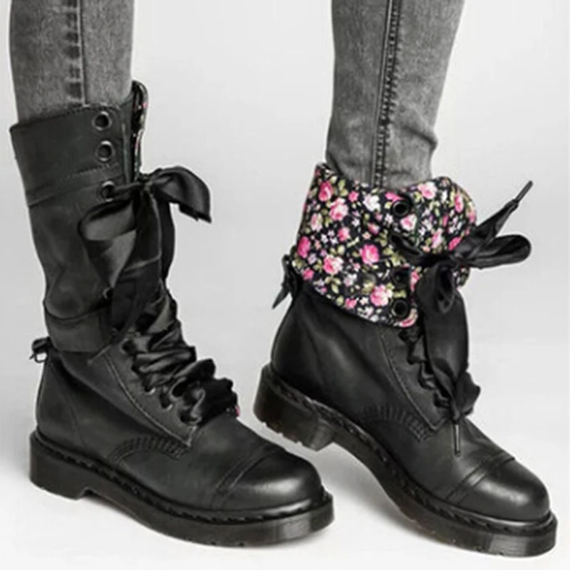 

Floral Motocycle Booties Women Boots Female PU Leather Ankle Boots Square Heel Martin Boots Autumn High-top Vintage Women Shoes