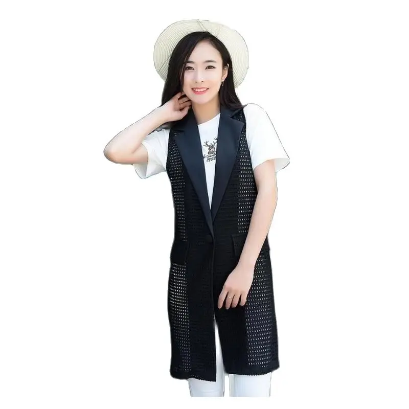 office lady Elegant jackets Vest For Women Sleeveless Long Outerwear Casual coats v neck double breast long business suit vest