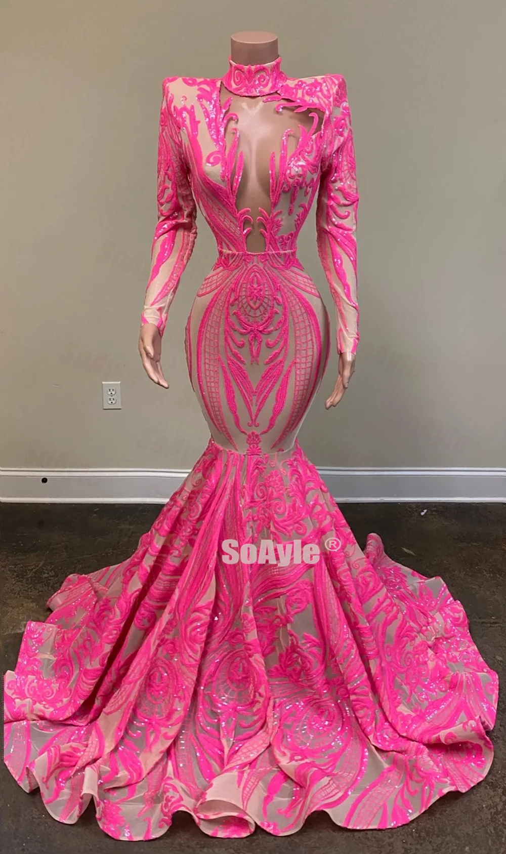 SoAyle Real Sample Long Nigeria Prom Dresses 2020 Sheer Neck Mermaid Sequin Pink African Women Prom Dress Spandex Dresses