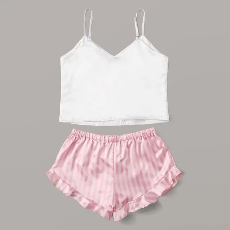 

Sweet Lovely Home Clothes V-Neck Pyjamas Sleeveless Cute Cami Top Women Short Pijama Sleepwear Sexy Satin Silk Letter Pajama Set