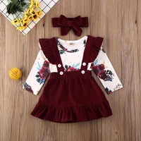 autumn toddler baby girl 3pcs clothes set floral long sleeve jumpsuit bodysuit tank skirt dress bow headband spring outfit