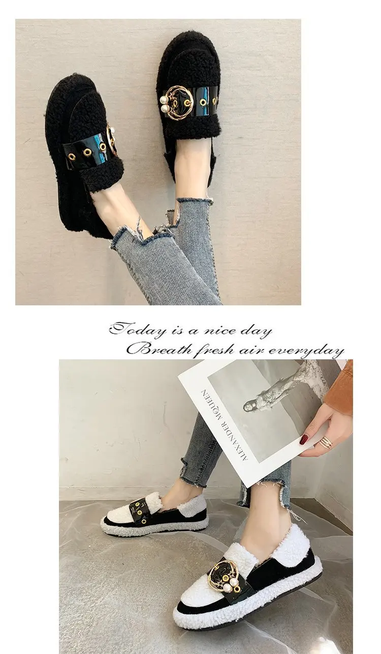 

Lambswool plush moccasins pearl slip on flats metal decoration buckle strap loafers colors pearl shallow curly fur shoes