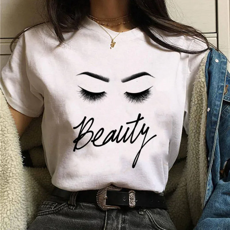 

Makeup Art Eyelashes Print Vogue Top Female T-shirt Summer Harajuku Women Tshirt Streetwear Lady 90s Girls Short Sleeve Tee Tops