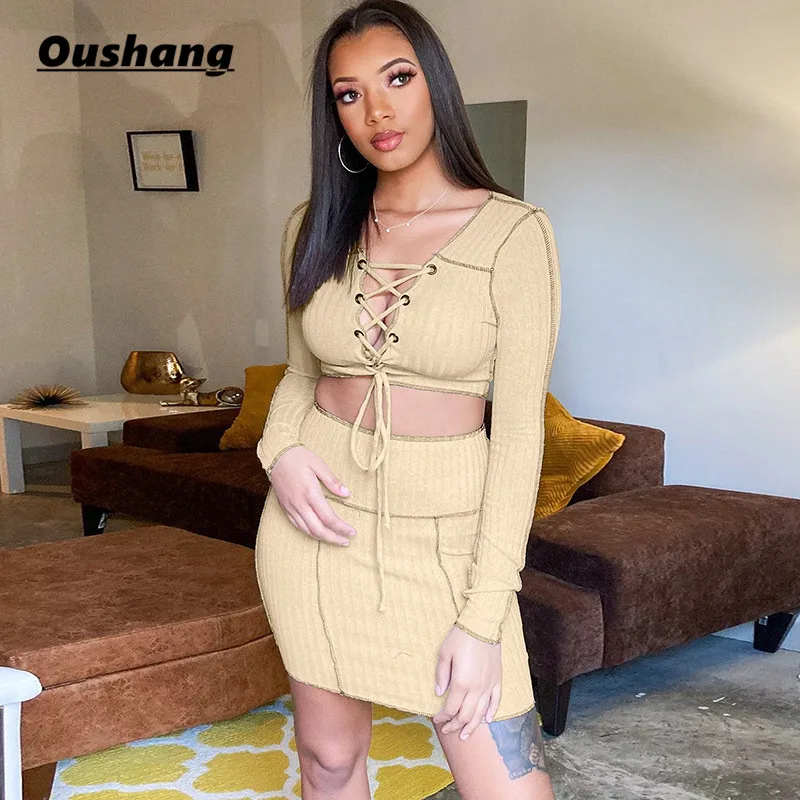 

Sexy Club Party Outfits Hollow Out Bandage Lace Up Outer Sticth Two Piece Set Women Ribbed Crop Top Skirt Skinny Elastic