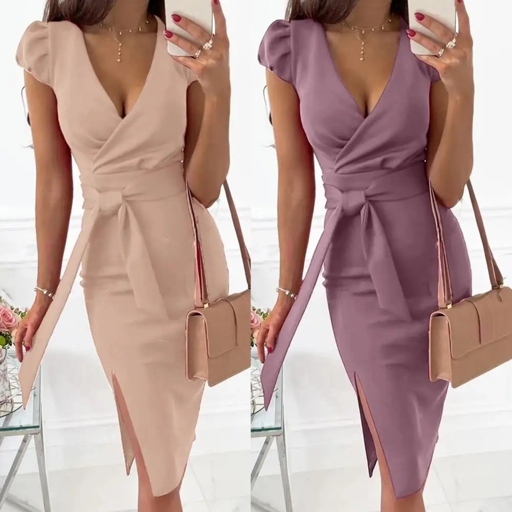 

Women Party Dress Lace-up Deep V-neck All Match Puff Short Sleeve Split Midi Dress Sundress Elegant Office Ladies Vestidos