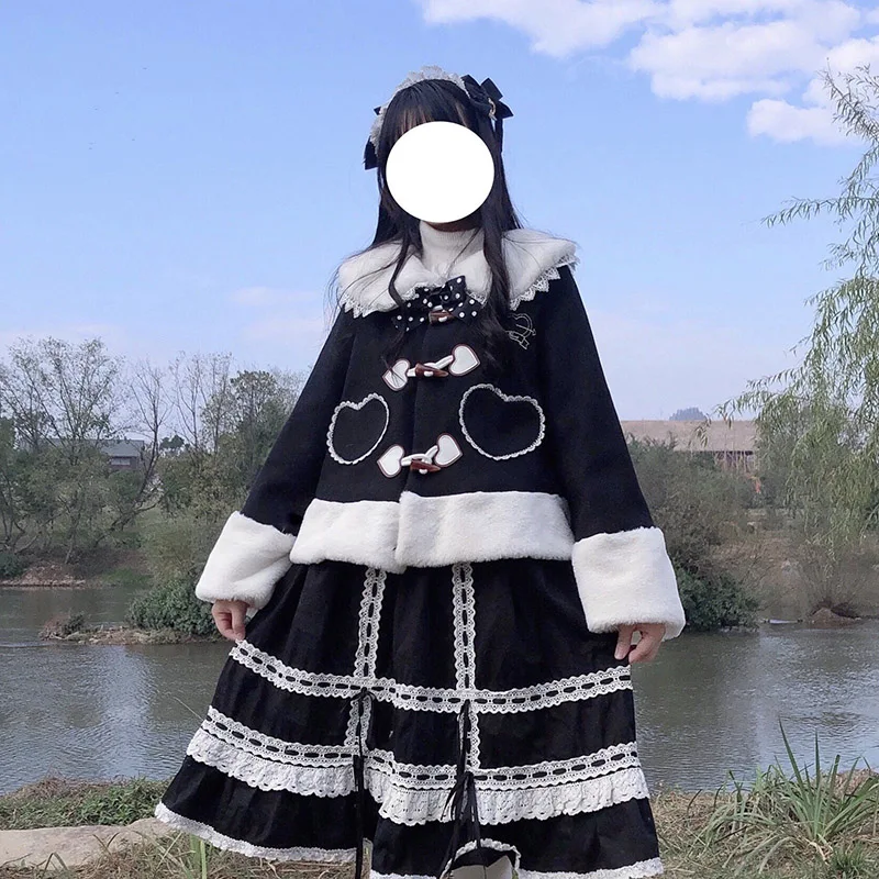 Anbenser Women Sweet Autumn Winter Lolita Coats Rabbit Ears Warm Soft Plush Cartoon Anime Cute Cat Kawaii Hooded Jackets Outwear