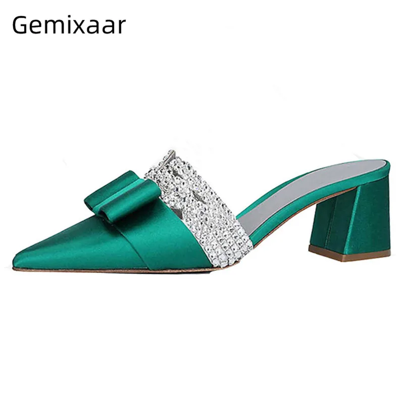 

Crystal Slippers Women Point Toe Decor Bowtie Chunky Square High Heel Party Slides Slim Shallow Decor Rhinestones Slippers Woman