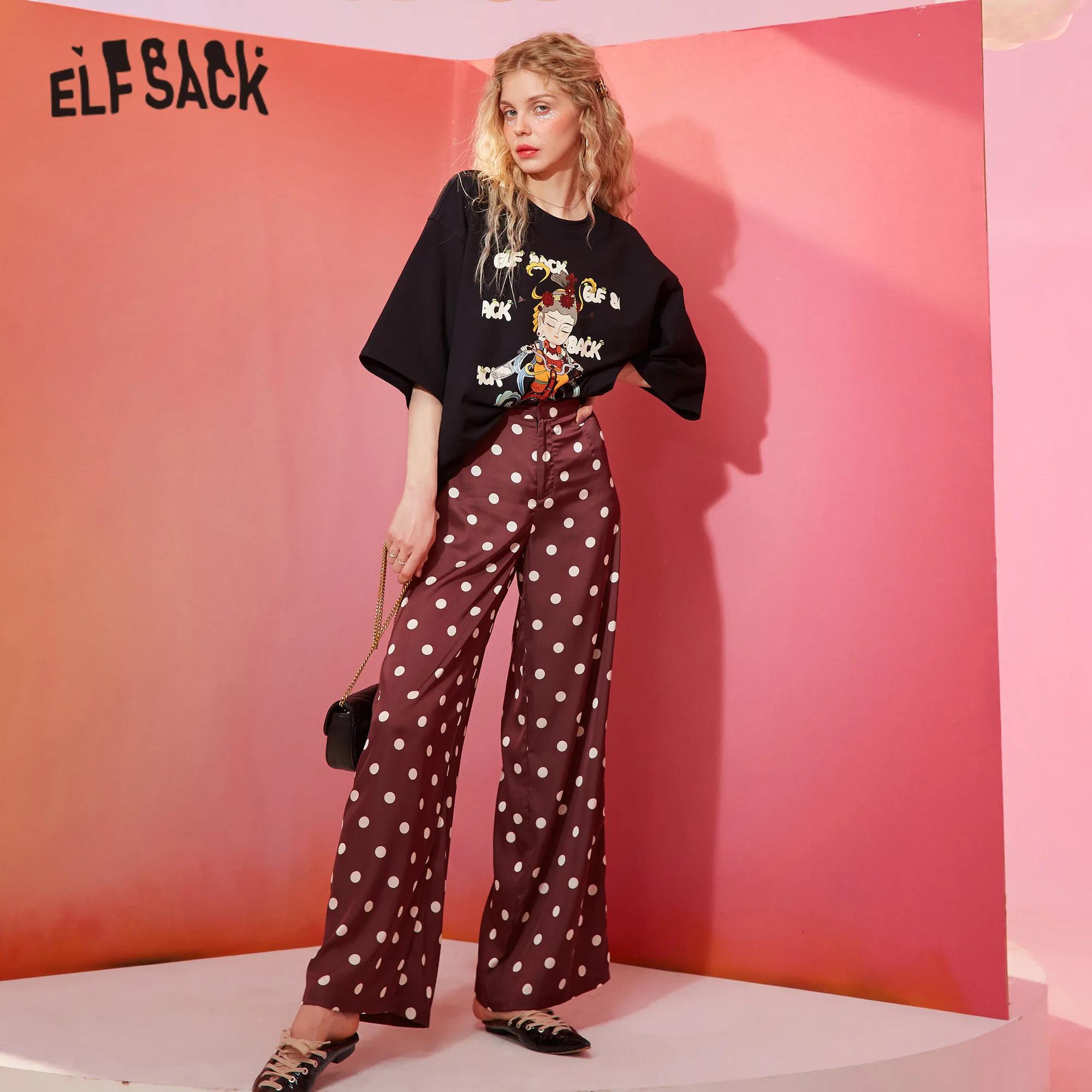 Женские свободные брюки ELFSACK красный сатин в горошек с широкими штанинами