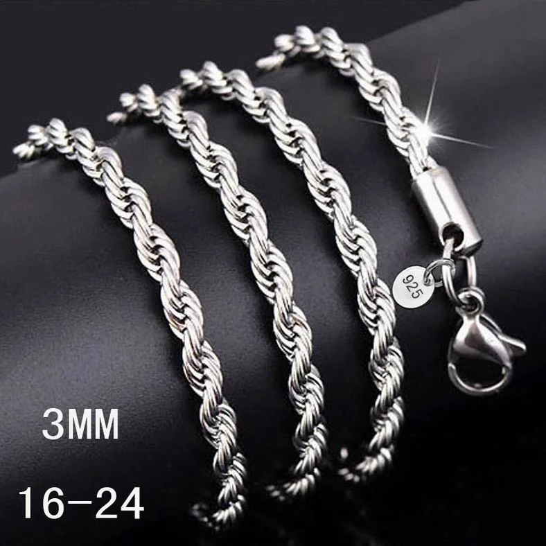 

16-24Inch Width 3mm Fashion Rock Punk Necklace Curb Cuban Rope Chain Chokers Necklace Hip Hop Men Women Vintage Jewelry