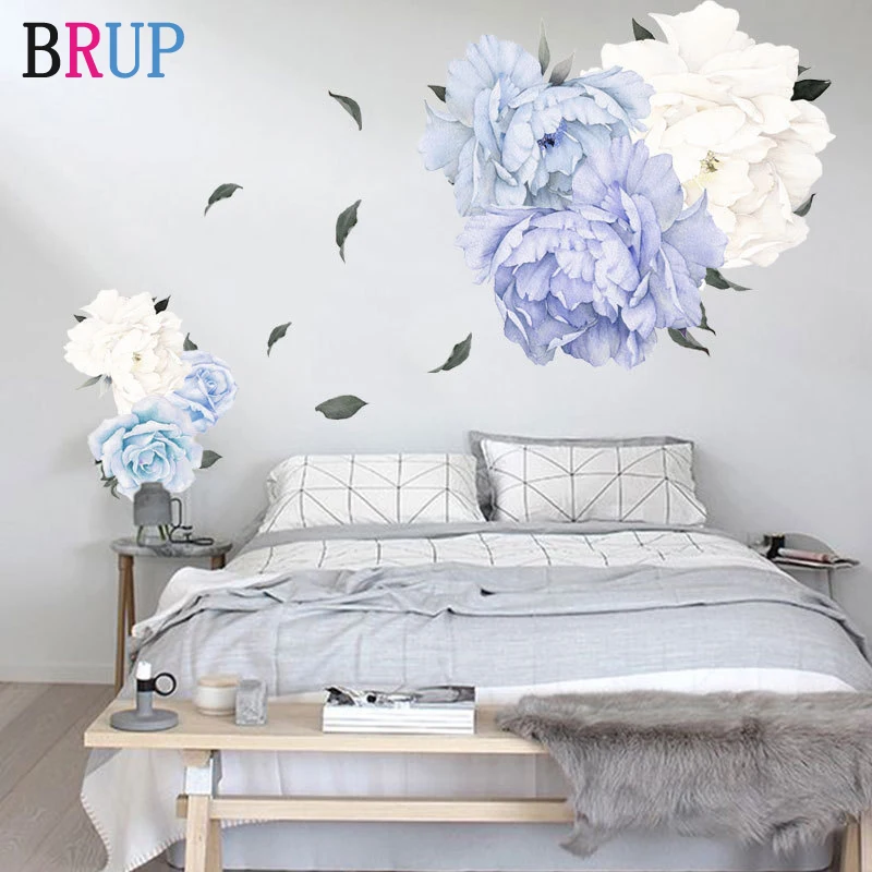 Большие размеры синие Poeny цветы красивые настенные наклейки для гостиной Детские