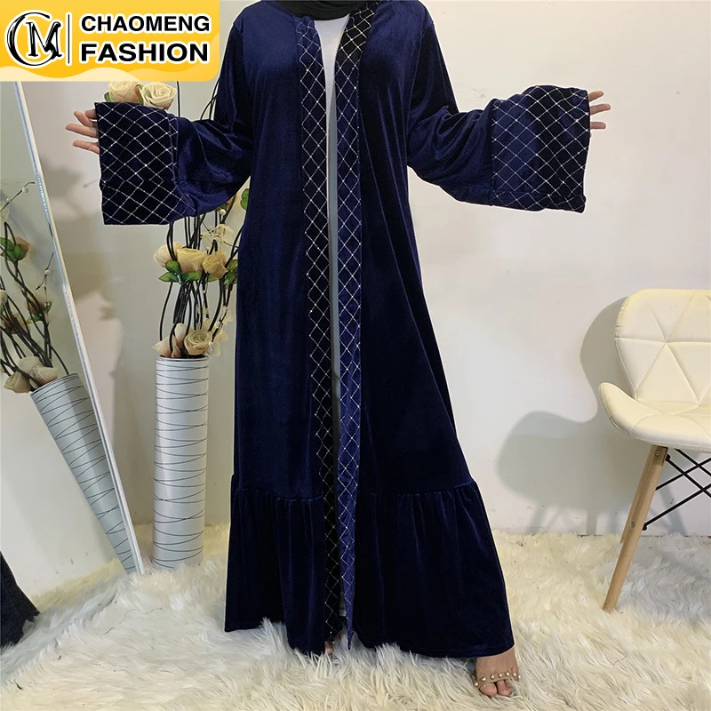 Новые поступления Золотой бархатный открытый Абая Кимоно Женская мусульманская одежда Скромная одежда Дубай Турция Прозрачный кардиган.