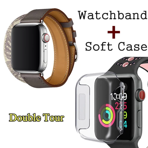 Herm логотип на застежке Свифт кожаный двойной один тур часы ремешок для Apple Watch серии 5 4 3 44 мм 40 мм браслет для iWatch - Цвет ремешка: Etain Beton