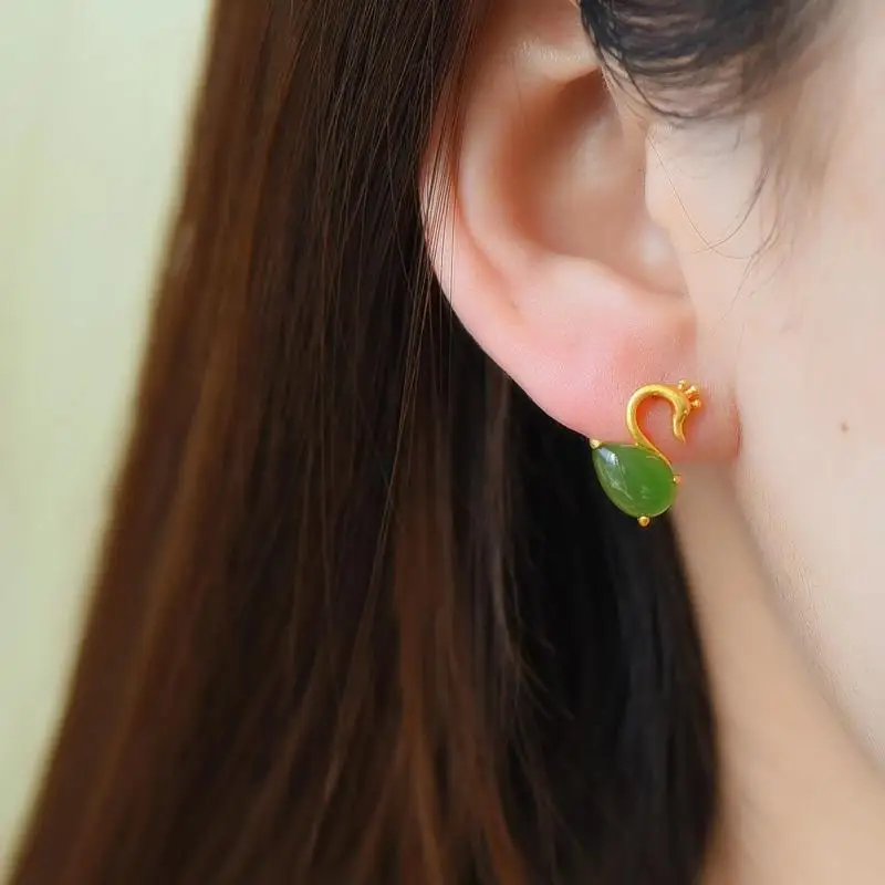 Натуральная Нефритовая Капля воды Hetian Корона маленький лебедь S925 Серебряное