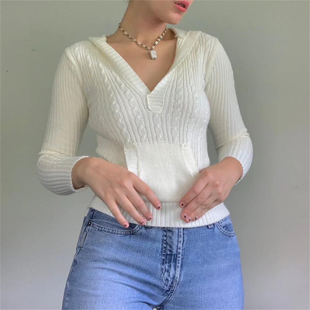 

Осенние Женские однотонные свитера y2k, толстовки, джемперы с карманами, винтажные Повседневные базовые трикотажные джемперы с длинным рука...