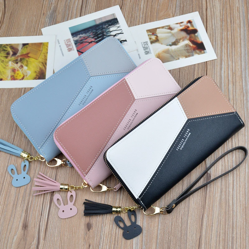geometric patchwork pu leather women long zipper wrist purses tassel design clutch forever young wallet female card holder free global shipping