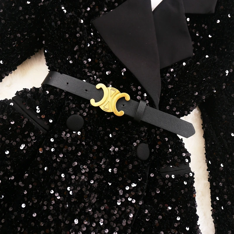 2022 Fall New Women's Sequined Suit Collar Mid-length Blazer Business Long Lseeve Shiny Sequins Coat Office Fashion Ladies | Женская