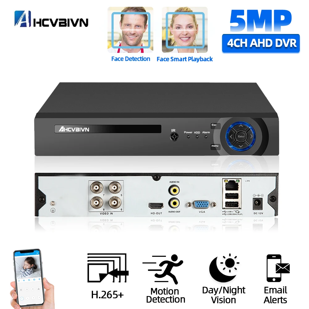 

5 МП 6 в 1 HD TVI CVI AHD IP Security DVR 4-канальный регистратор H.265 цифровой видеорегистратор с интеллектуальным обнаружением движения и воспроизведением лица