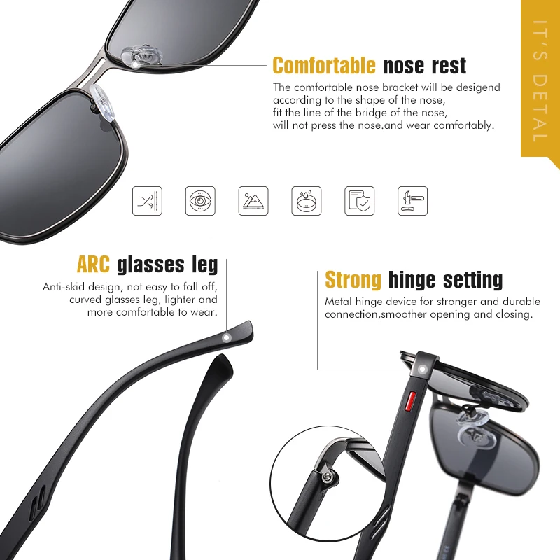 

2021 Fashion Sunglasses Men Polarized Square Metal Frame Male Sun Glasses Driving Fishing Night Vision