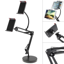 Extendable Double Tablet Cell Phone Holder with Suspension Boom Scissor Long Arm Mount Stand for Broadcast Studio Video Chatting