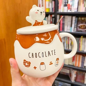 600ML New Summer Creative Bear Mug with Lid Spoon Cute Cartoon Ceramic Cup Home Large-capacity Water Cup Tea Cup Set